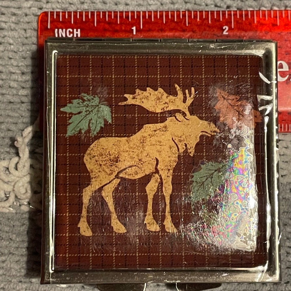 Moose dome design Metal 2" square pill box Sew mint trinket Compact Travel Case